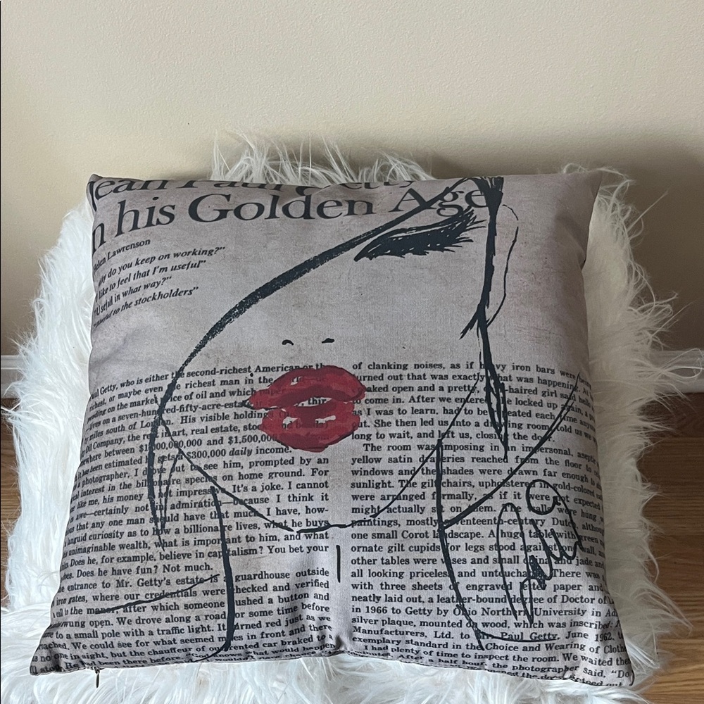 Red Lips Newspaper Print Pillow - Picture 2 of 3